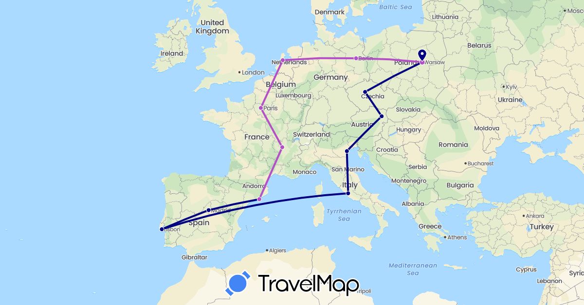 TravelMap itinerary: driving, train in Austria, Czech Republic, Germany, Spain, France, Italy, Netherlands, Poland, Portugal (Europe)